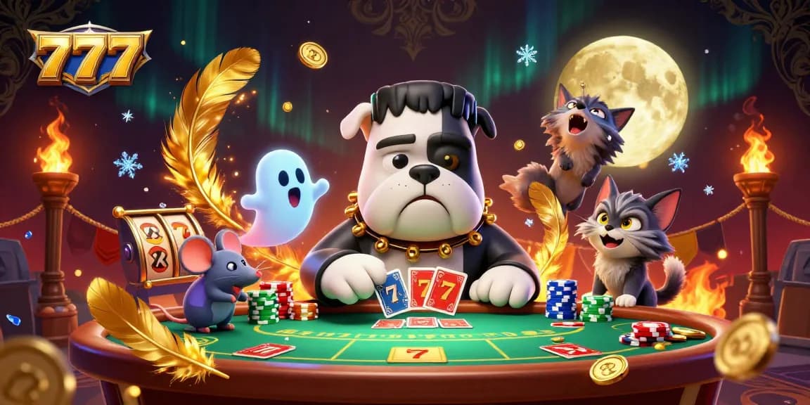 Experience the thrill of 777 with vibrant 3D characters and casino elements at a green-lit gaming table.