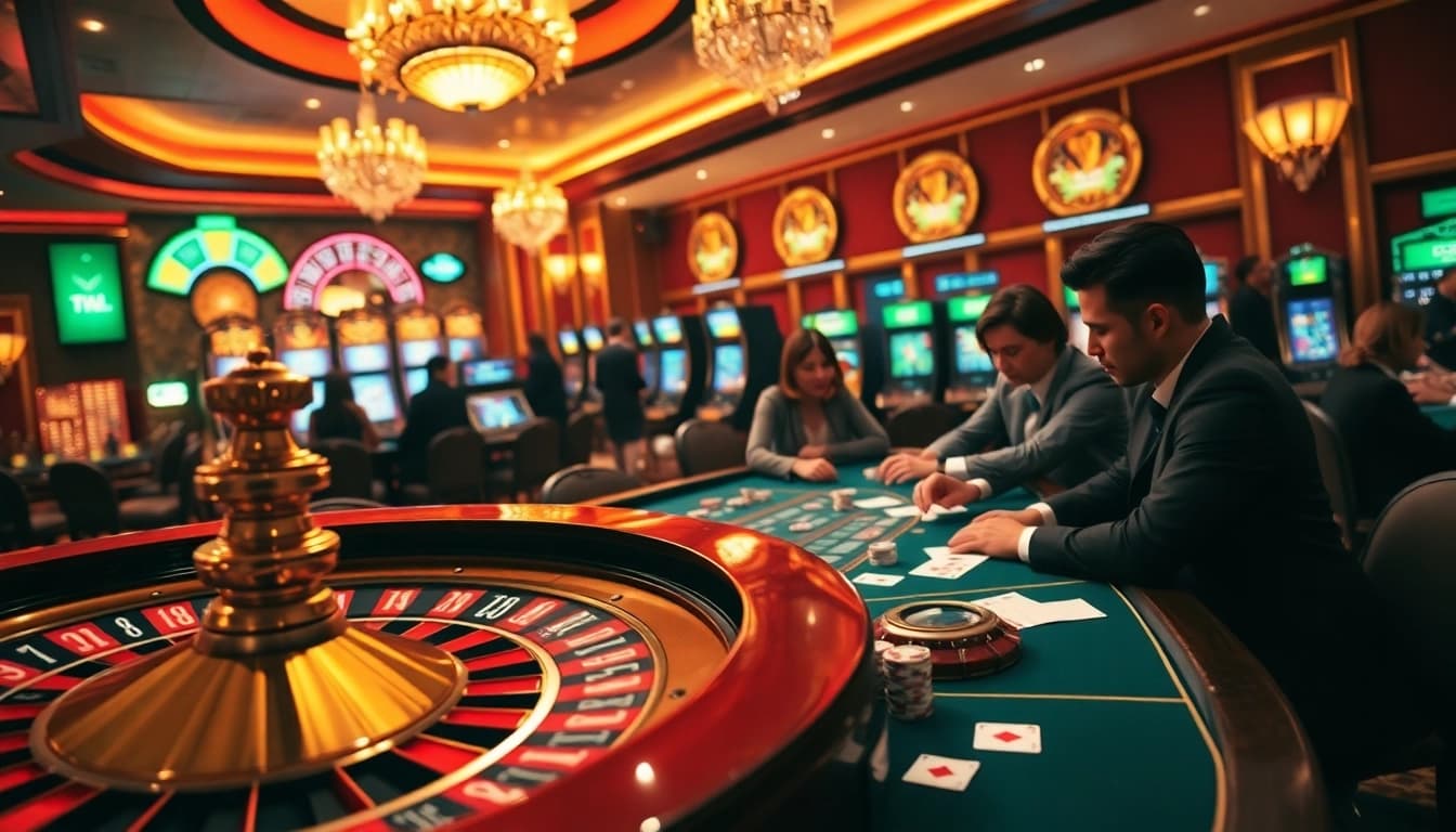 Experience the excitement of gambling at 98win58 with players enjoying poker and roulette in a luxurious casino setting.
