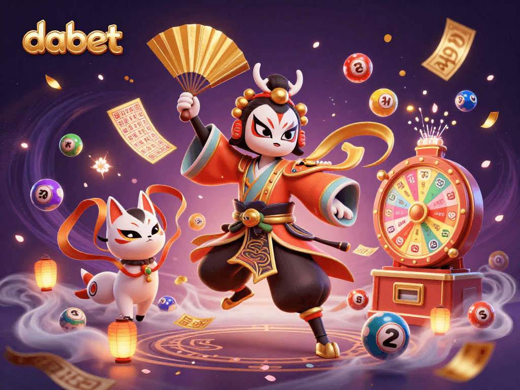 Experience the excitement of dabet with vibrant lottery balls and a dynamic kabuki warrior.