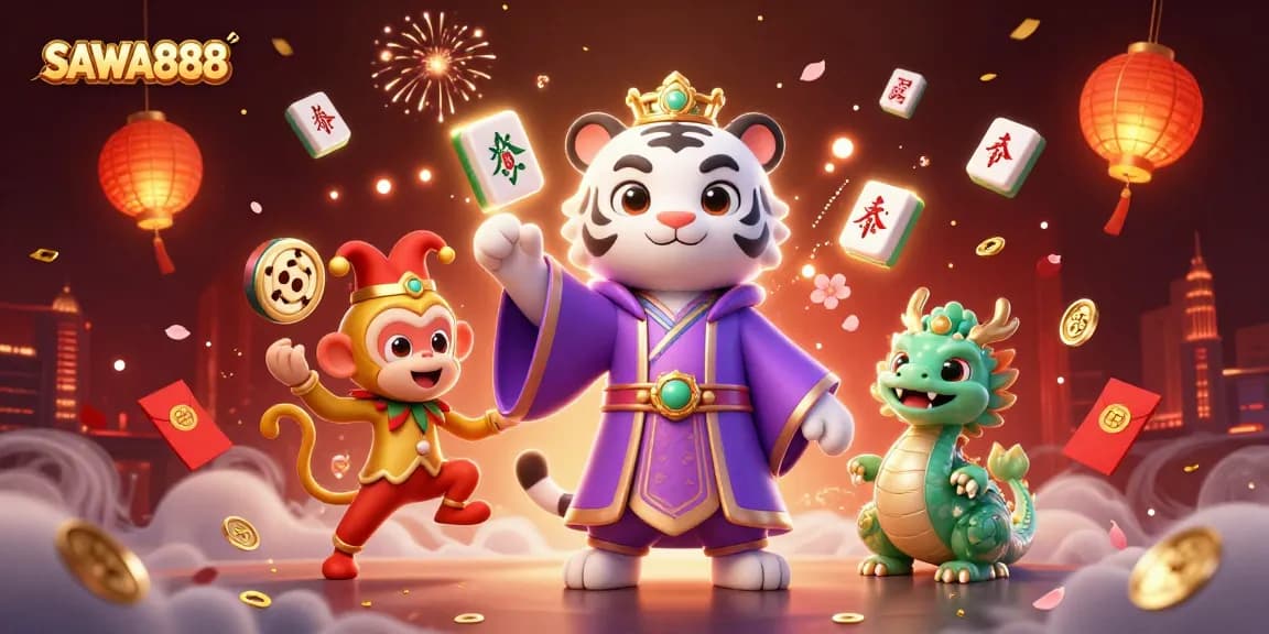 Play casino games with SAWA888, featuring a white tiger, golden monkey, and vibrant slots.