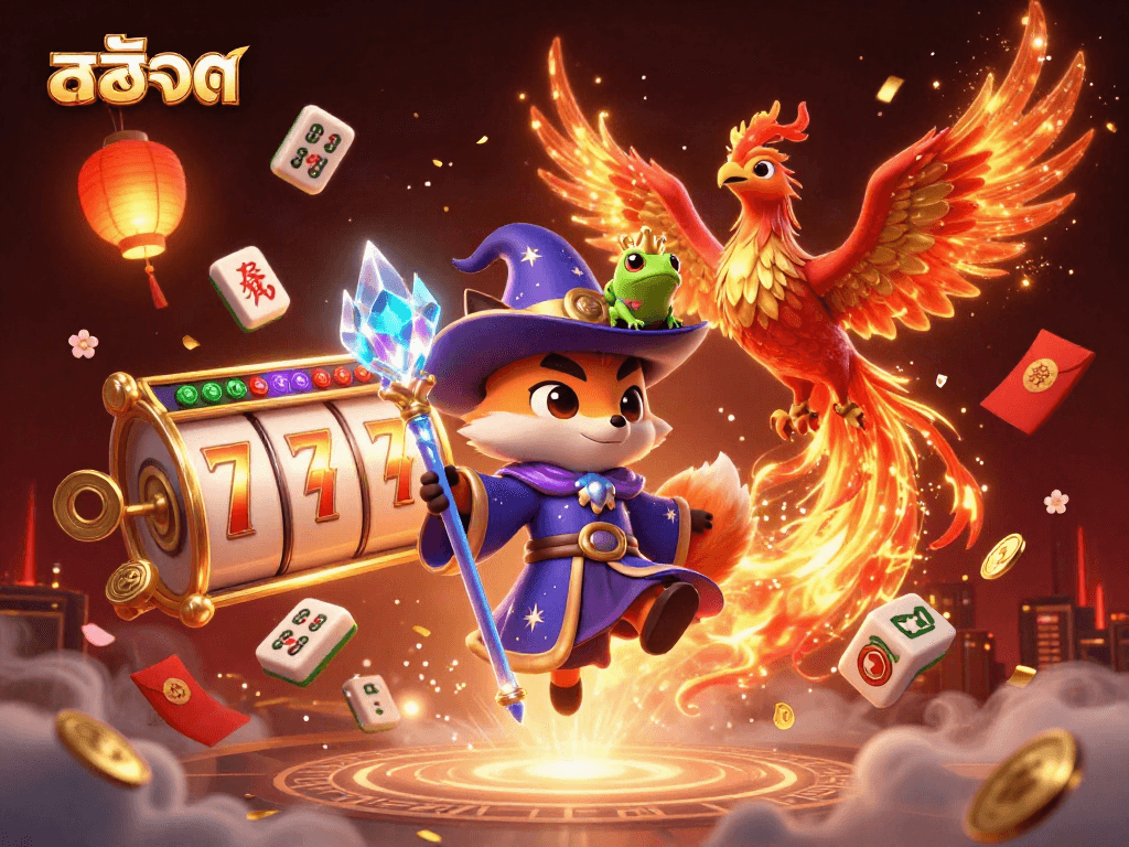 Spin the reels with สล็อต while enjoying a mystical 3D scene filled with vibrant characters and festive elements.