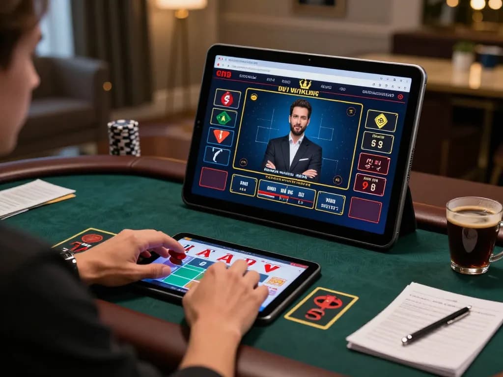 Engaging in live dealer blackjack on SC88E tablet in a stylish home setup.