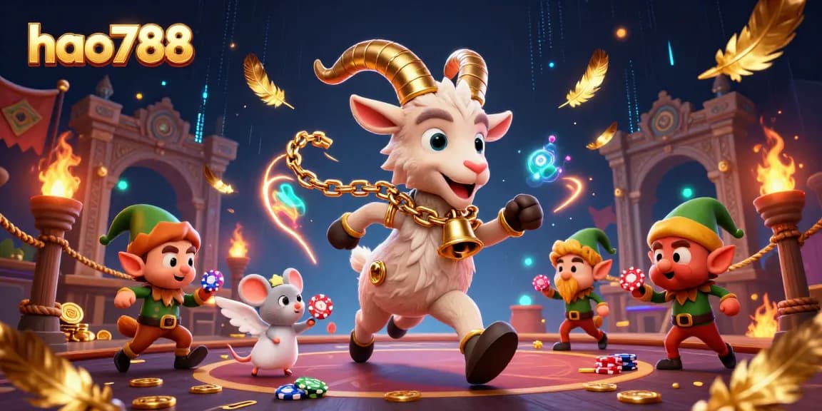 Gambar menarik HAO788 menunjukkan kucing Krampus di kasino dengan simbol slot mengkilat dan uang logam bertebaran.