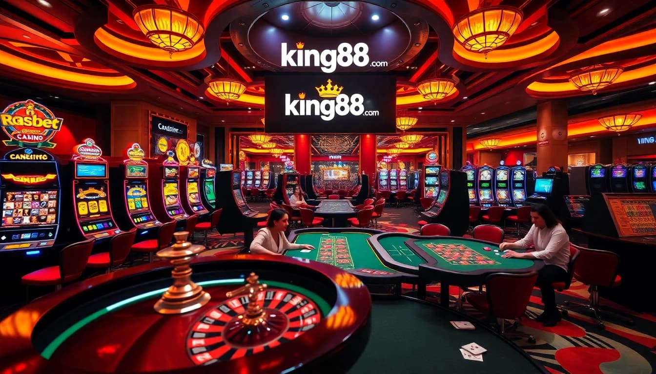 An exciting gambling scene featuring lively games and the king88 .com branding, showcasing casino thrills.