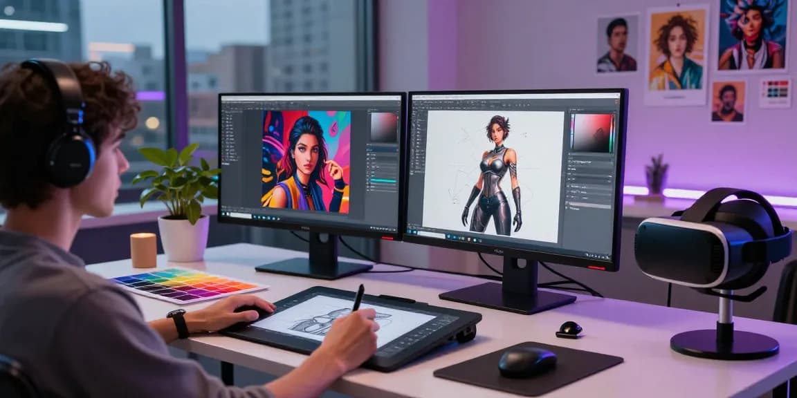Innovative workspace with NSFW AI art creation tools, vibrant colors, and an urban skyline backdrop.