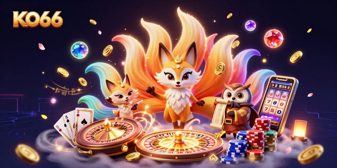 Experience thrilling gaming at KO66, where vibrant animations showcase glowing spirits and sparkling casino elements.