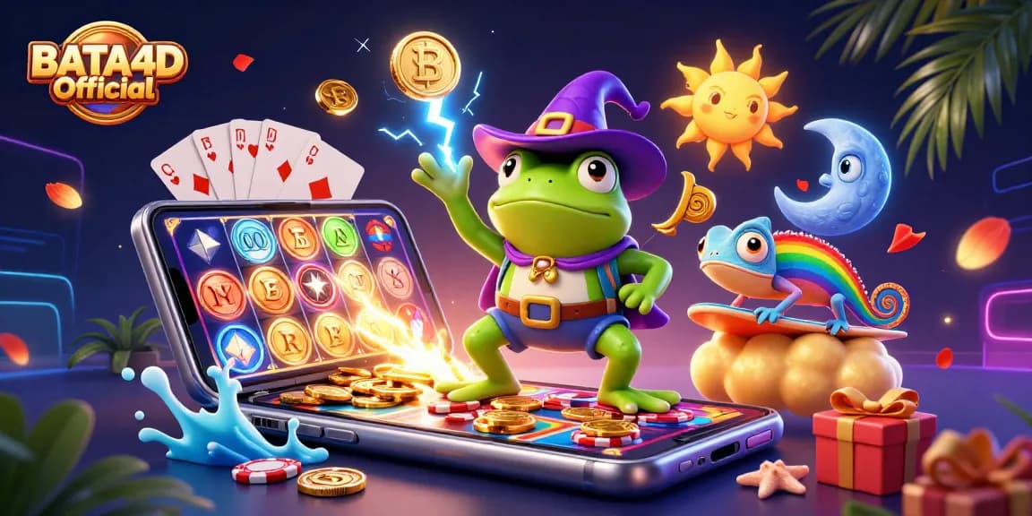 Permainan di BATA4D Resmi dengan karakter si kodok penyihir dan chameleon di awan emas.