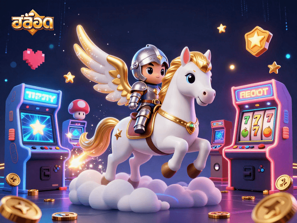 Experience the thrill of สล็อต winning with a magical 3D illustration of a horse and knight in a vibrant casino setting