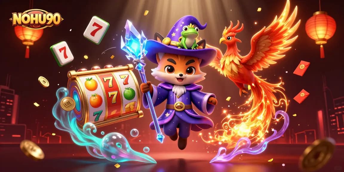 Experience thrilling gameplay with NOHU90, featuring dynamic slot reels, animated characters, and vibrant casino elements.