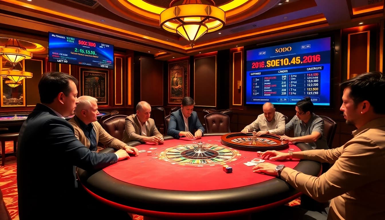 SODO casino players engaging in a lively poker game with vibrant betting chips and cards.