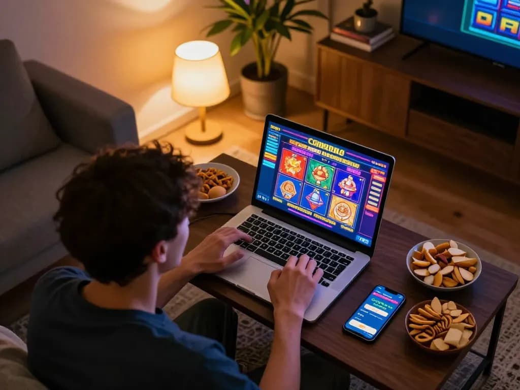 Engaging scene of online casino gaming with CM88 slots interface displayed on a laptop, snacks and smartphone present.