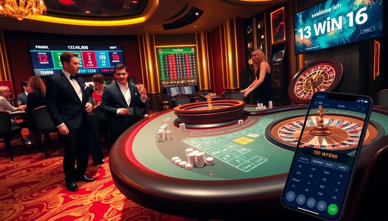 Gamblers engage at a luxury blackjack table in a vibrant casino, promoting 13win16 excitement.