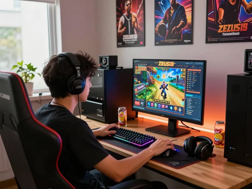 Exciting Zeus138 online gaming setup with a focused player in a stylish room