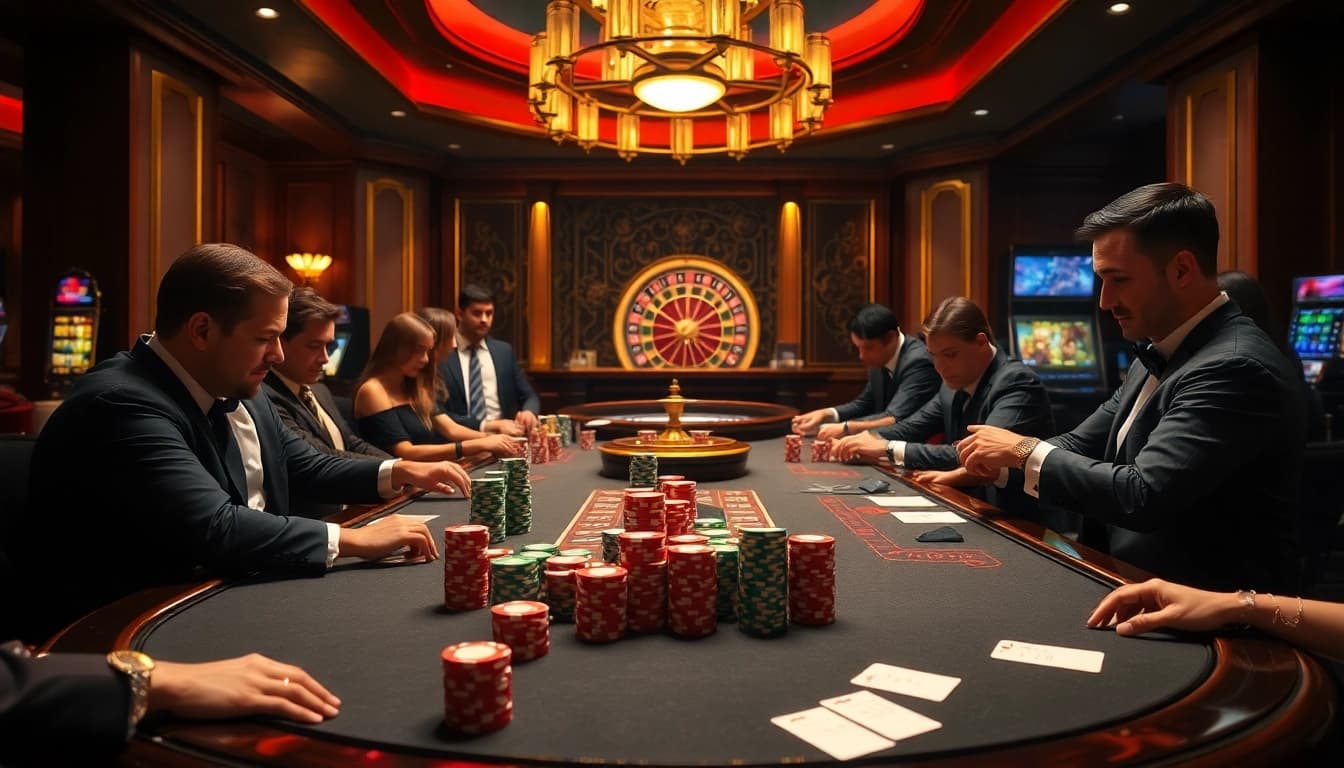 Gamblers engaging in a high-stakes poker game at https://gamebaidoithuong.coffee/ with colorful chips and an elegant casino ambiance.