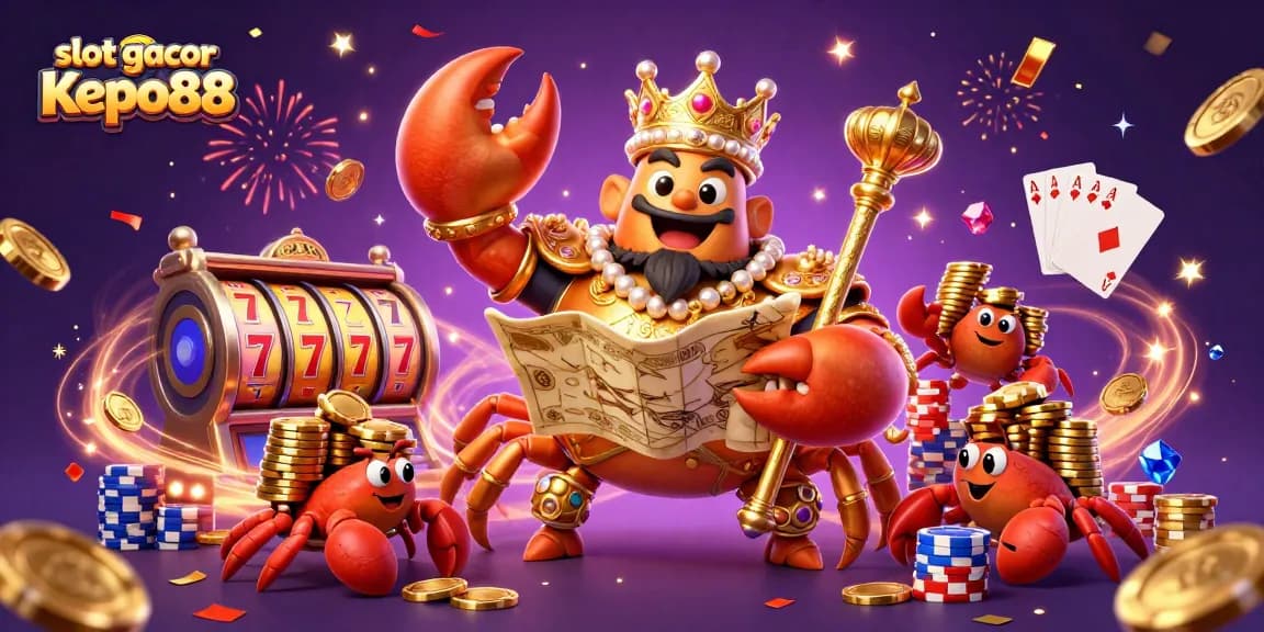 Experience the excitement of slot gacor Kepo88 with a golden crab emperor in a vibrant casino scene.