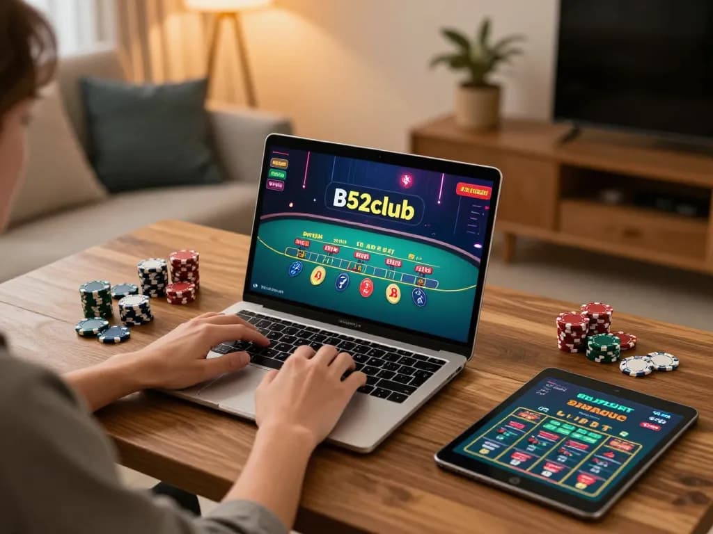 B52club player engaging in online baccarat with a strategic setup showcasing betting strategies