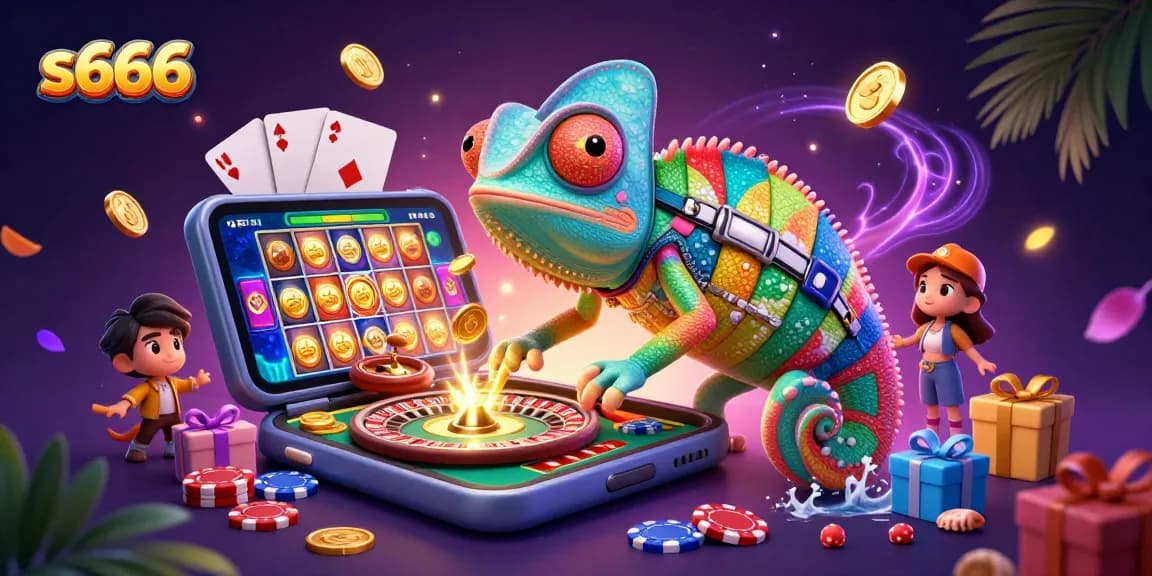 Win big at s666 with a colorful casino scene featuring a chameleon and exciting game elements.