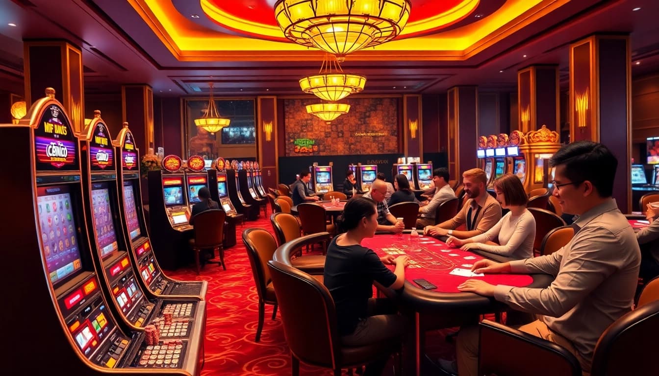 Nổ Hũ Đổi Thưởng excitement captured in a luxurious casino setting with engaging players.