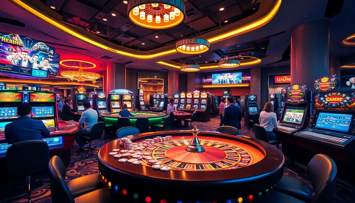 Players enjoying high-energy moments at Cổng Game DEBET with vibrant casino tables and slot machines.