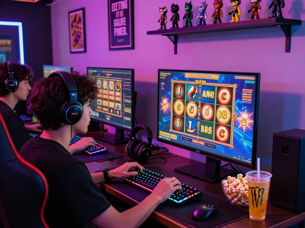 Exciting gaming setup showcasing situs slot gacor with vibrant slot reels, gaming accessories, and neon lights.