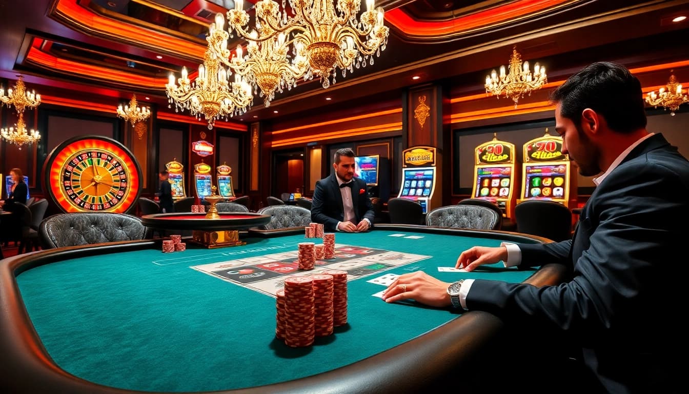 Enjoying an exciting poker game at HM88 casino, with elegant decor and vibrant atmosphere.