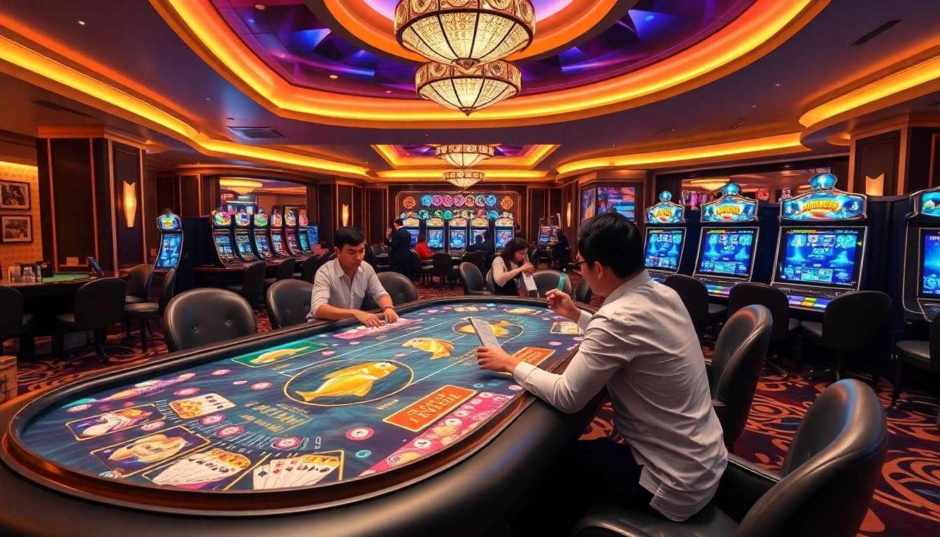Bắn cá rikbet game scene with players interacting and vibrant gambling elements in a luxurious casino atmosphere.