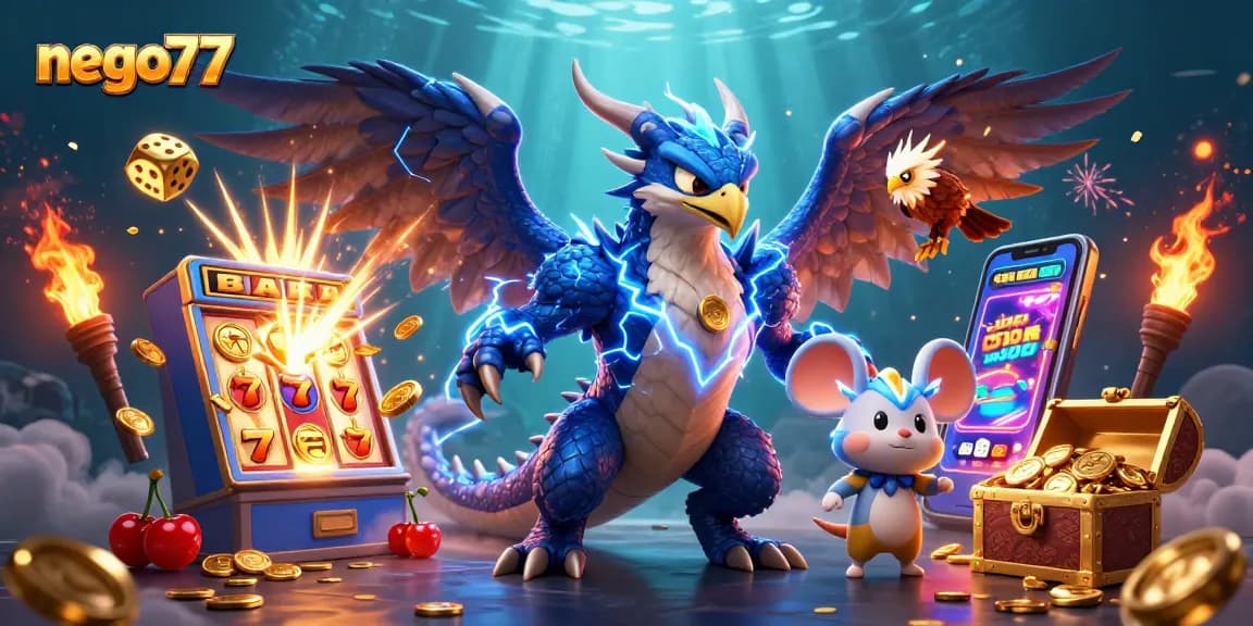 Engage with nego77's thrilling slot action featuring vibrant coins and jackpot elements in a dynamic 3D illustration.