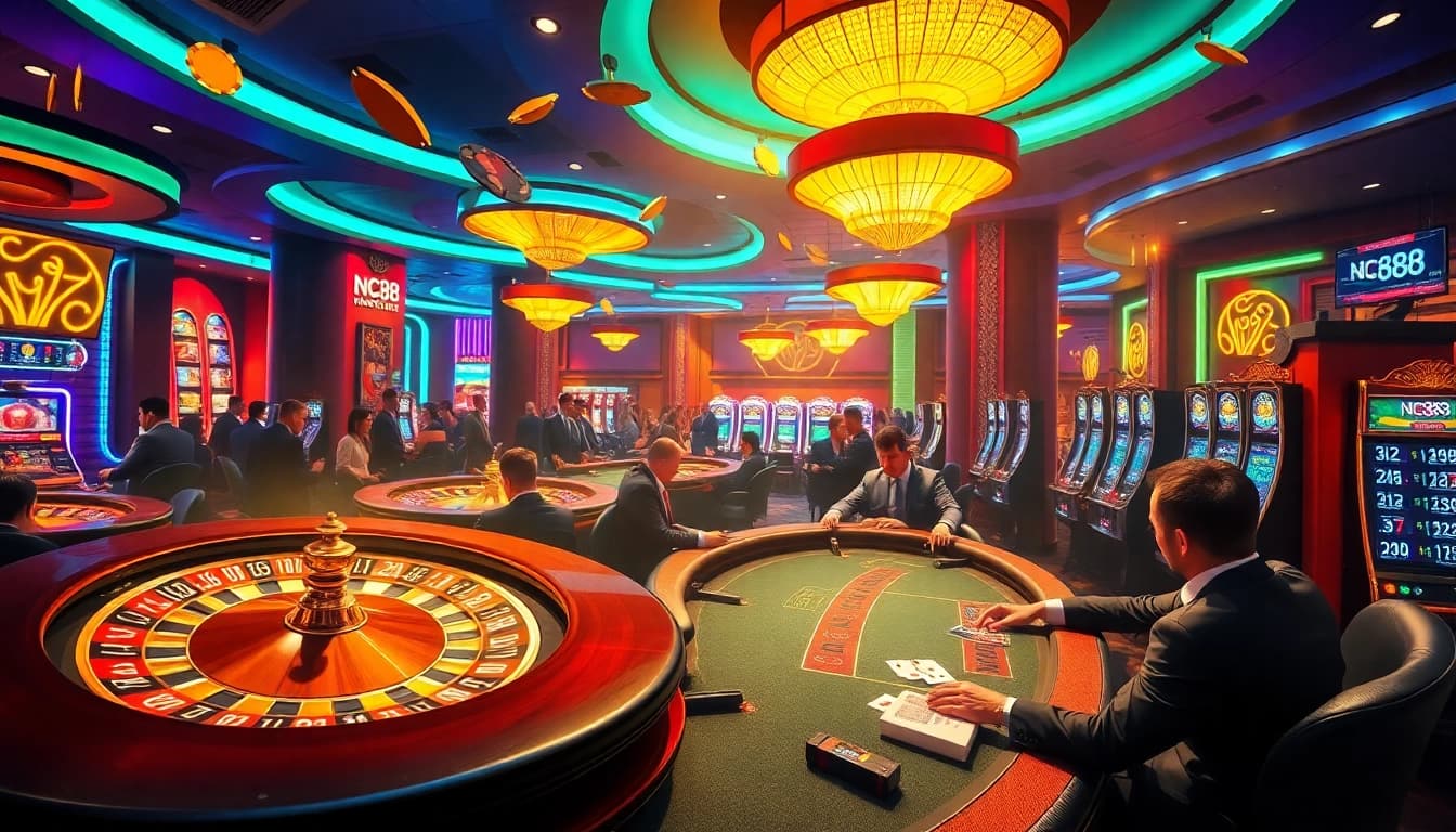 Engage in thrilling Nc88 casino action with vibrant roulette and poker tables, full of excitement.