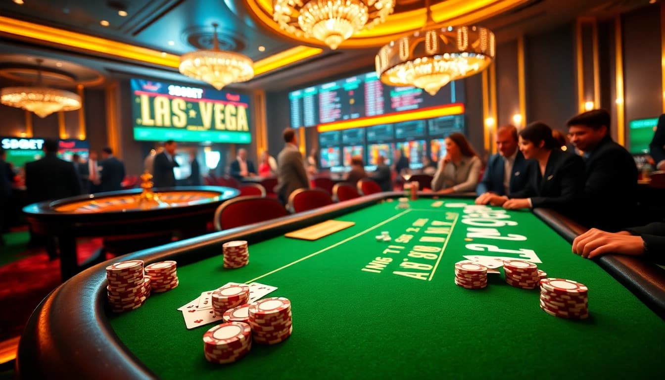 SBOBET gaming scene with poker table, roulette wheel, and vibrant casino atmosphere.