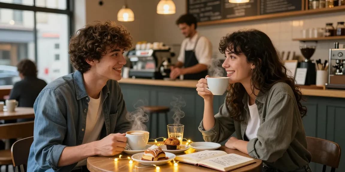 Couple enjoying coffee in a cozy café as they have a crush on each other, illuminated by soft fairy lights.