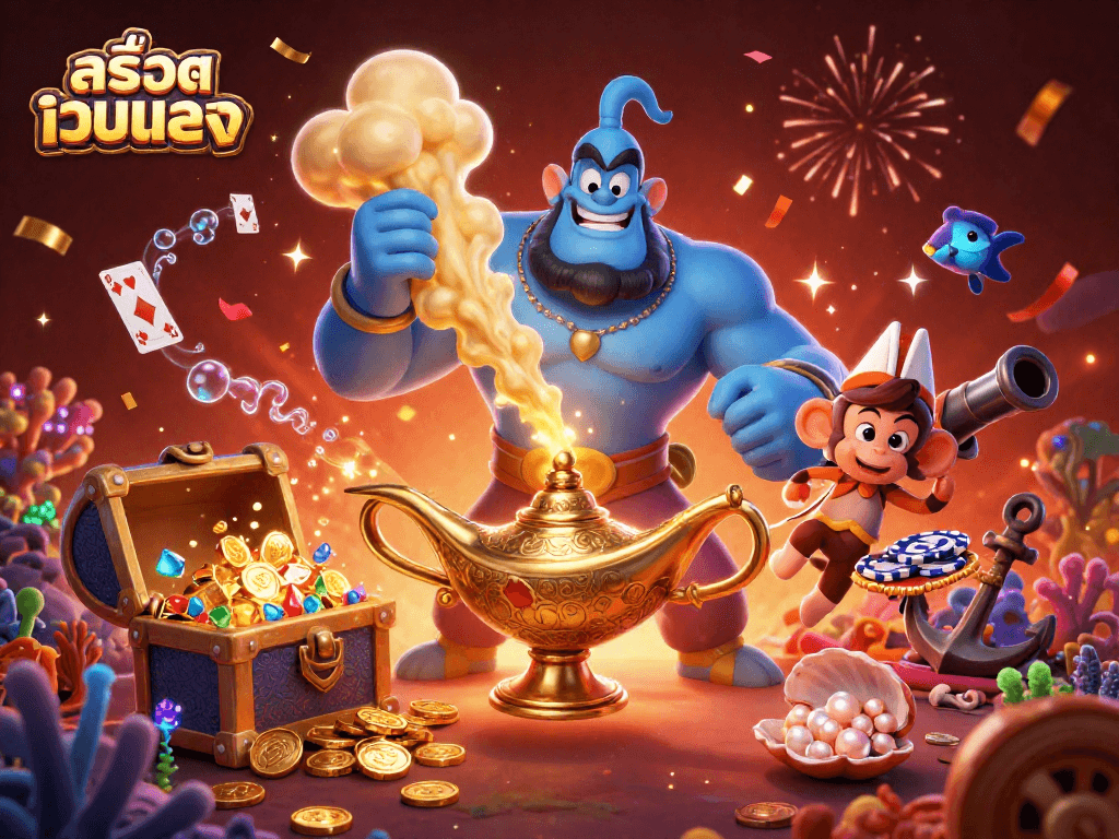 Engage in สล็อตเว็บตรง with a mystical black genie, Aladdin-style monkey, and vibrant casino elements in a colorful underwater scene.