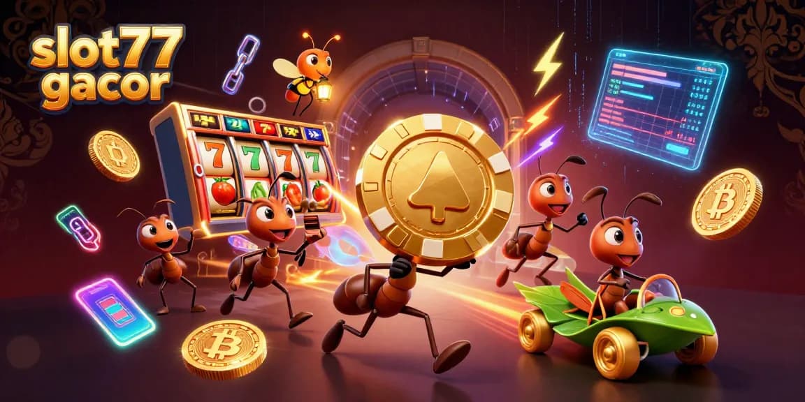 Experience the thrill of slot77 gacor with dynamic ants heisting a giant poker chip in this vibrant casino illustration.