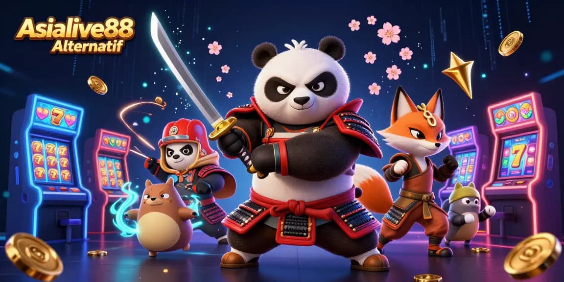 Win big with Asialive88 Alternatif's vibrant casino scene featuring 3D samurai panda and ninja fox.
