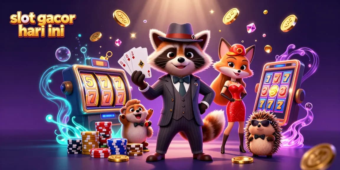 Visualisasi slot gacor hari ini dengan karakter kartun kasino yang mencolok dan elemen permainan menarik.