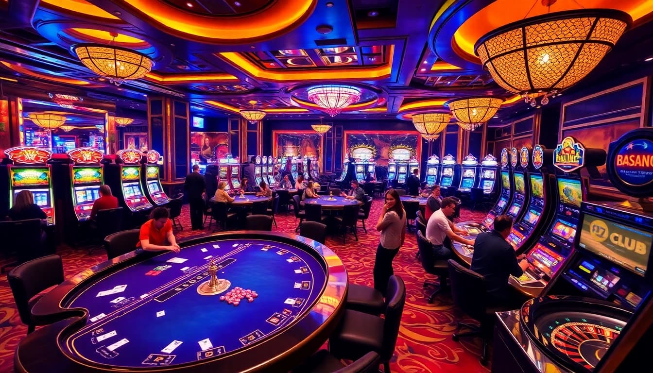 B52 CLUB vibrant casino scene featuring poker tables, roulette wheels, and slot machines for eager gamblers.