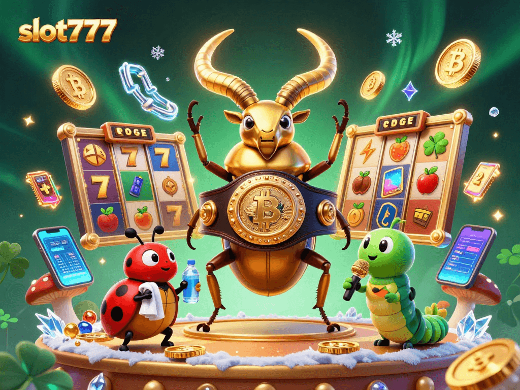 Play exciting games at slot777 with dynamic symbols, golden beetles, and vibrant casino elements