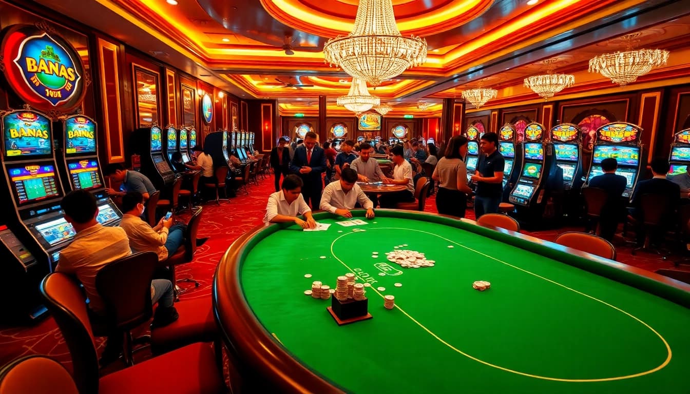 Engage in kèo bóng đá trực tuyến betting at a luxurious casino with vibrant tables and live action.