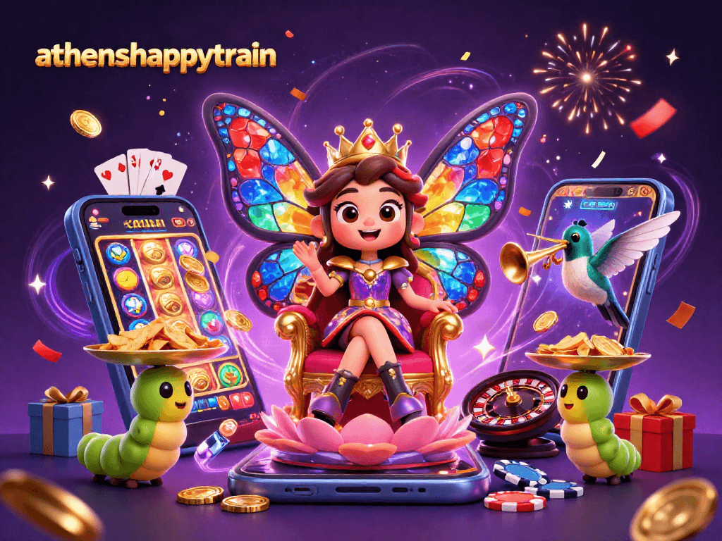 Join the celebration with athenshappytrain featuring a dazzling butterfly queen amidst rich casino elements.