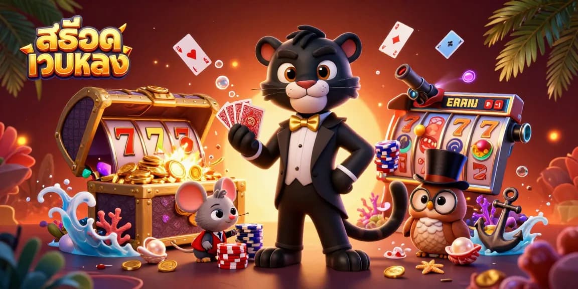 Play exciting slots at สล็อตเว็บตรง with a stylish panther dealer and lucky owl, surrounded by vibrant casino elements.