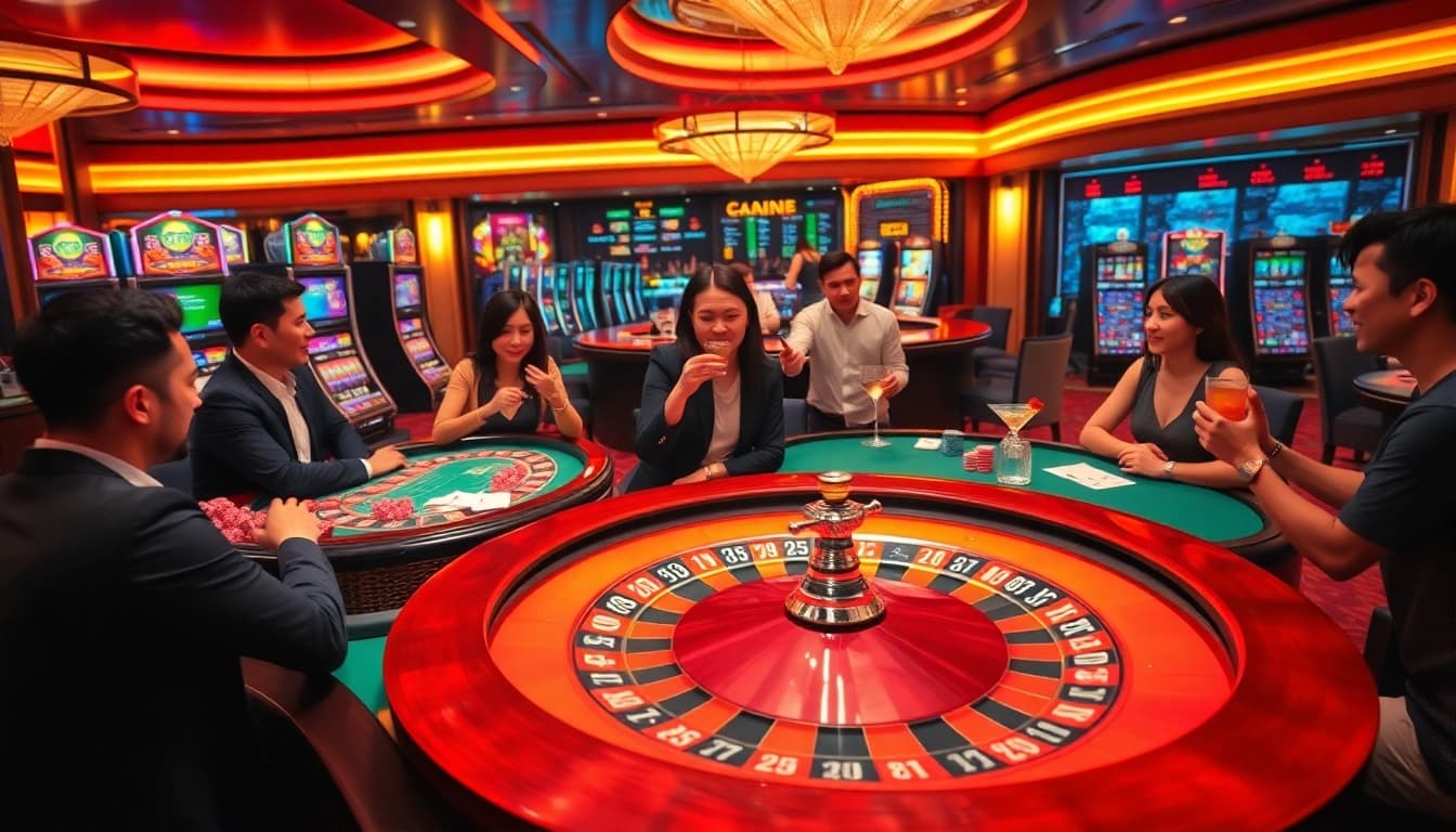 Players enjoy gaming at dn 88 casino, featuring vibrant tables and slot machines.
