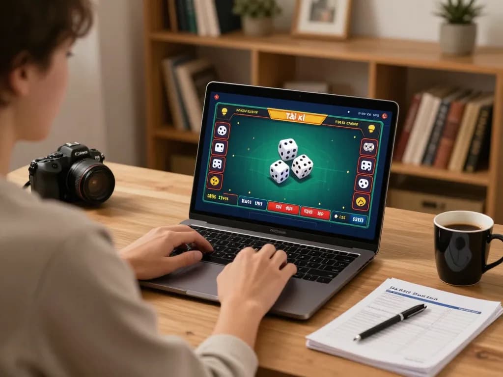 Tài xỉu online gameplay on laptop, cozy home setup with strategic notebook and coffee.