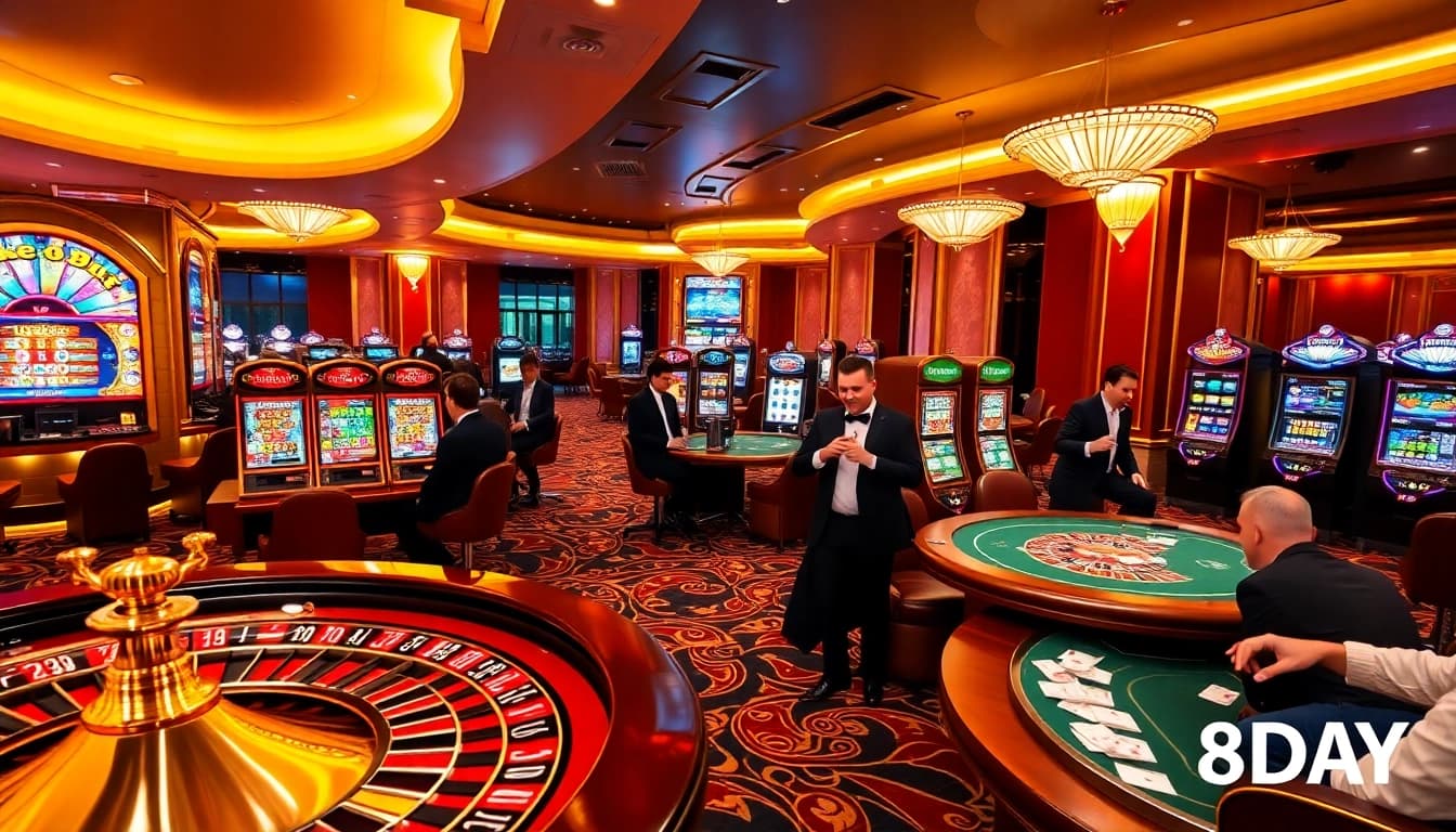 Experience luxurious gaming at 8DAY, featuring vibrant slots, roulette, and poker tables.