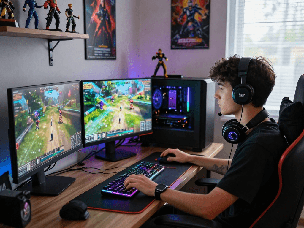 Gaming enthusiast using mpocash.blog setup with vibrant displays and dynamic lighting.