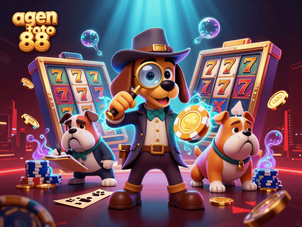 Engage with agen toto 88 through a vibrant casino scene featuring cartoon detective and treasures.