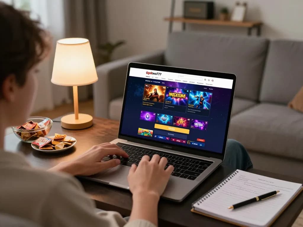 Engaging with login ggdewa777 on a laptop in a cozy home setting, promoting responsible gambling.