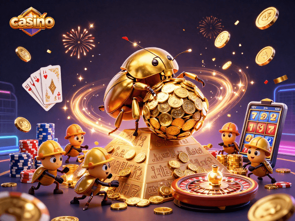 Experience the thrill of casino action with massive golden beetles rolling coins and festive bonuses exploding.