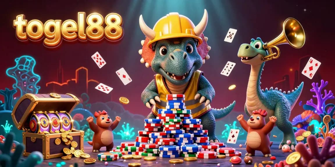 Togel88 casino scene with whimsical dinosaurs celebrating in a vibrant underwater world of poker chips and glowing cards.