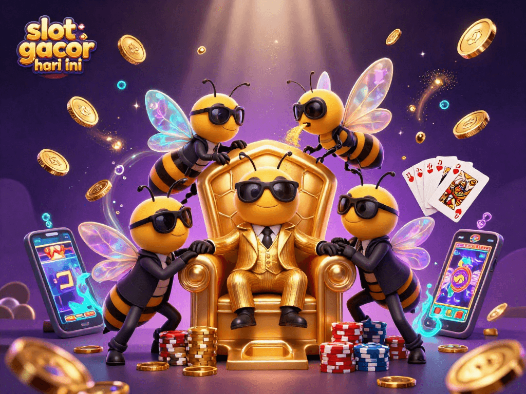 Menggambarkan slot gacor hari ini dengan boss lebah 3D dan aksesoris kasino yang berkilau