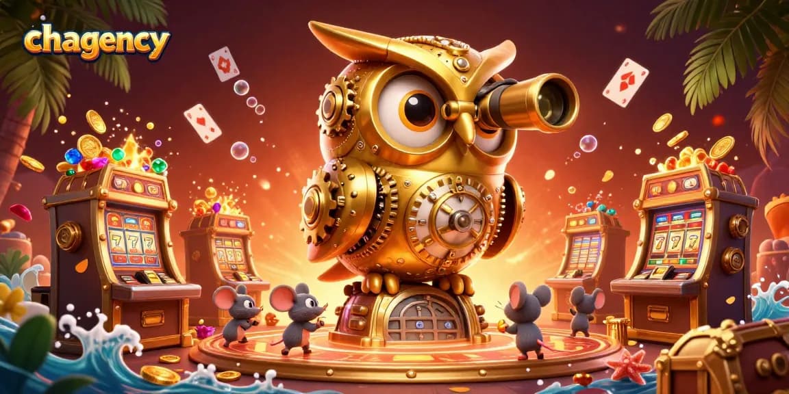 chagency showcases a thrilling 3D casino scene with a golden owl and whimsical slot machines.
