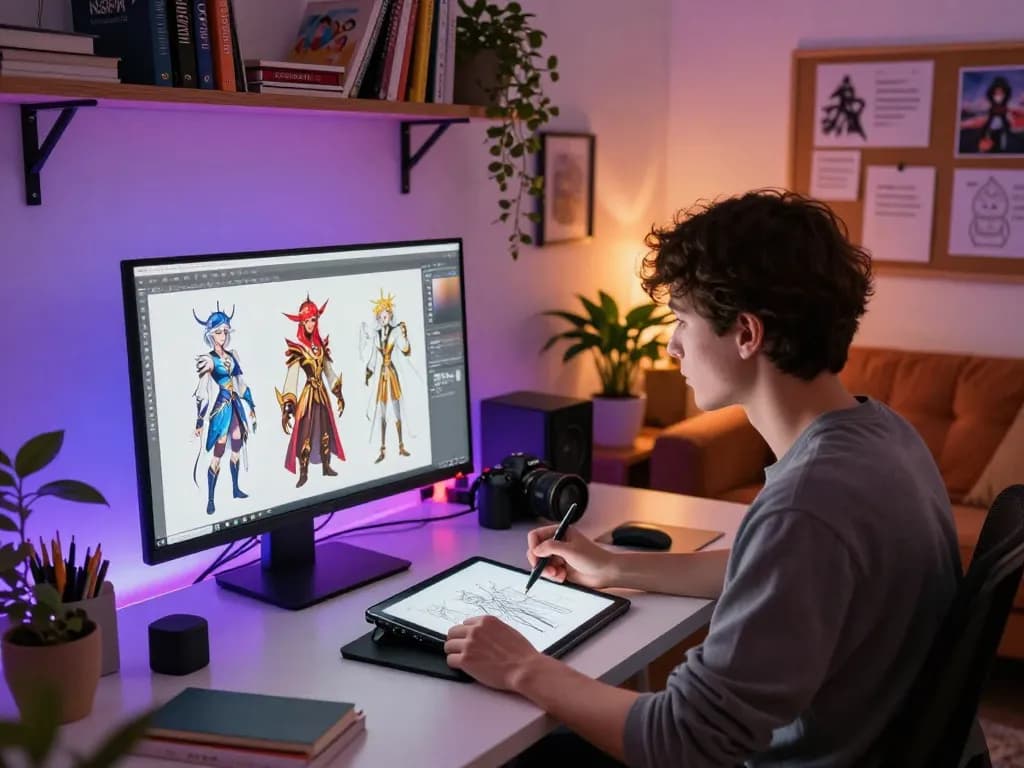 Creative workspace showcasing NSFW AI character design with vibrant digital art.